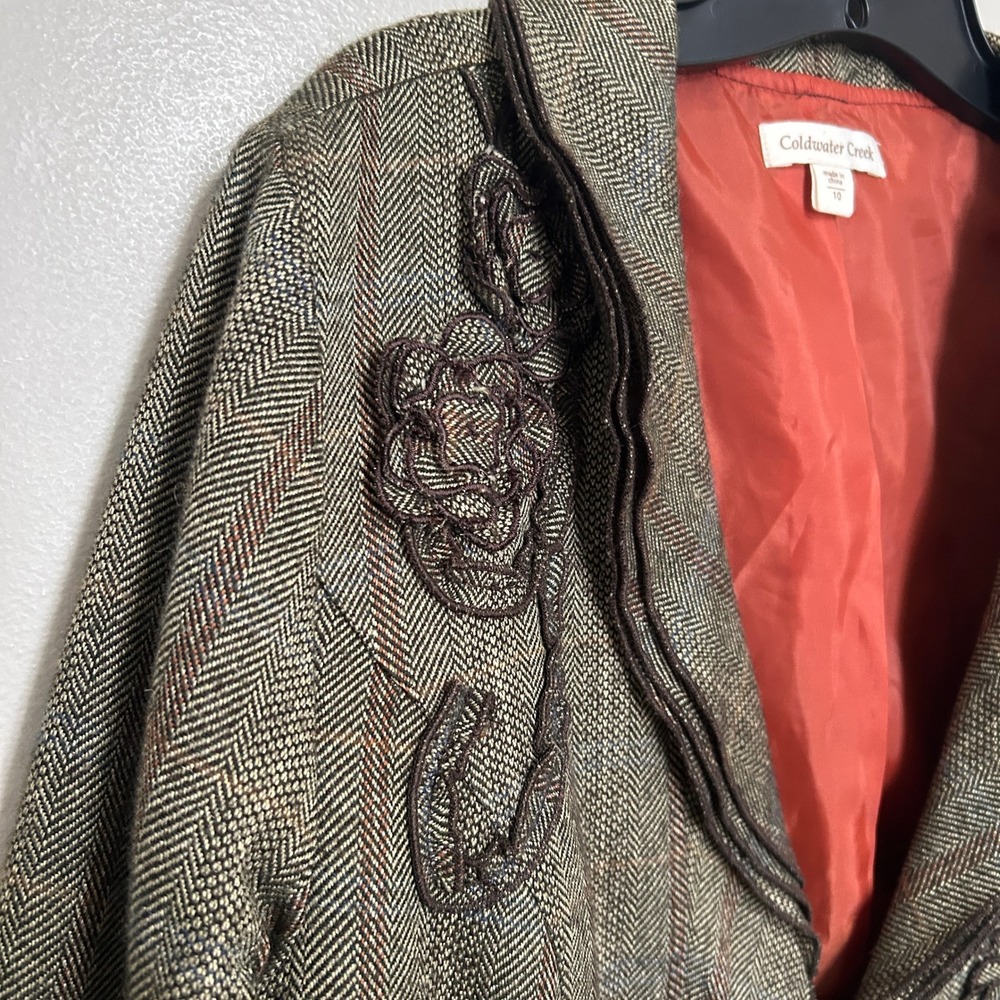Women's Cottagecore Blazer 10 Brown Herringbone Floral Embroidered Dark Academia - Picture 7 of 12